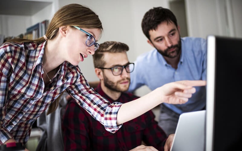 Teammates reviewing software licenses on desktop computer